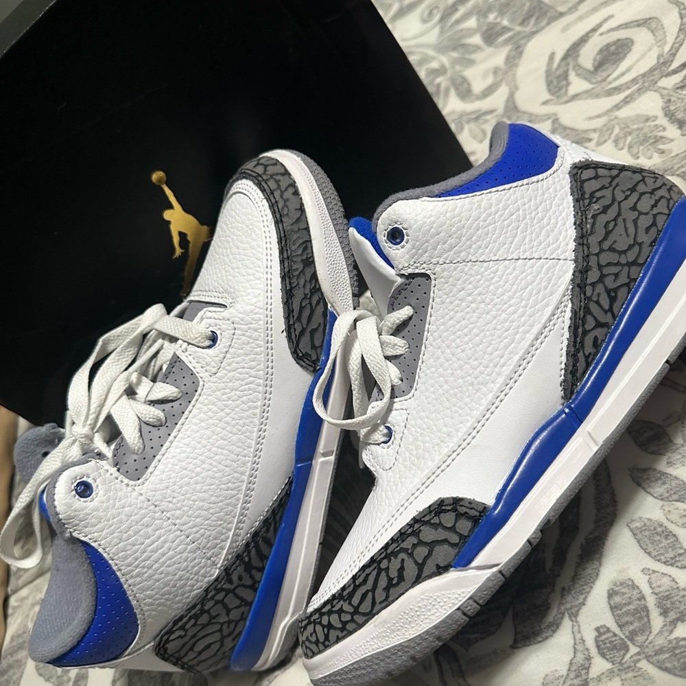 Jordan 3’s Boys White and Blue Sneakers with Elephant Print